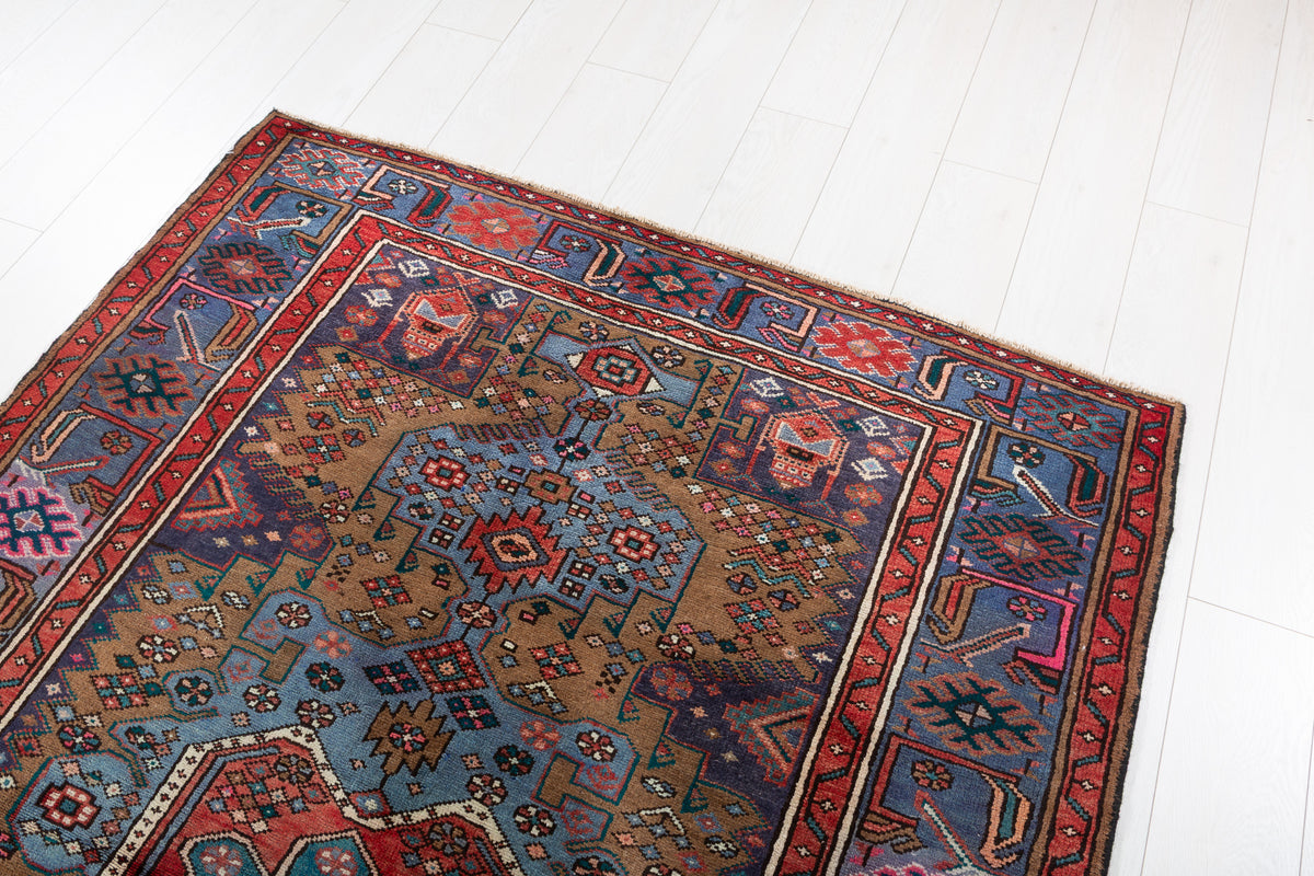 Collectible Vintage Brown, turquoise blue Geometric Hand-Knotted Area Rug – 6' 7" x 4' 7" (201 x 140 cm)