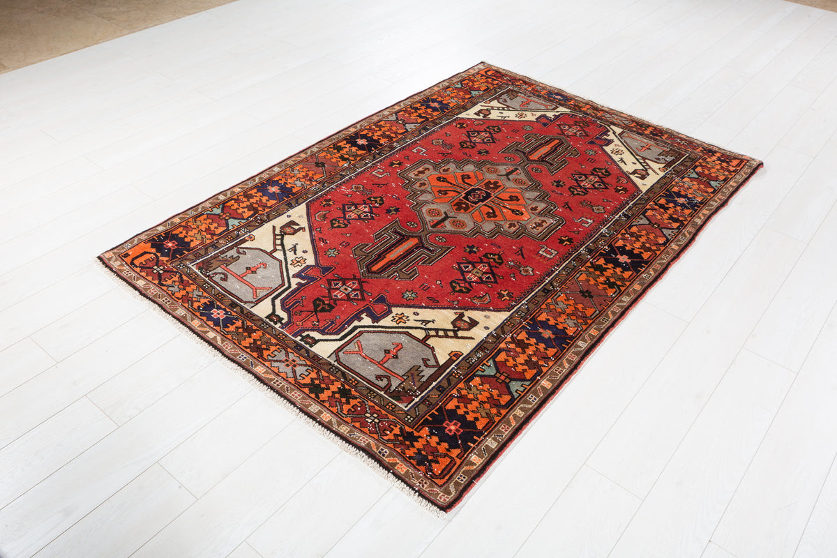 Vintage Red, orange Geometric Hand-Knotted Area Rug – 6' 5" x 4' 4" (195 x 133 cm)