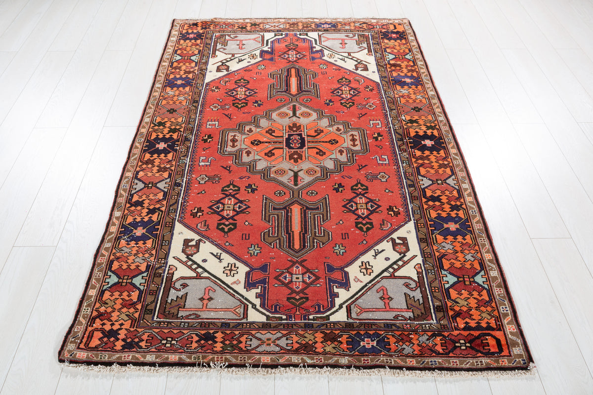 Vintage Red, orange Geometric Hand-Knotted Area Rug – 6' 5" x 4' 4" (195 x 133 cm)
