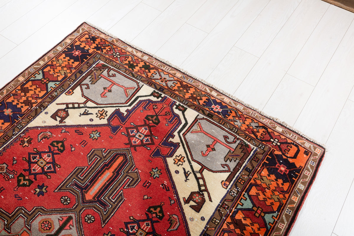 Vintage Red, orange Geometric Hand-Knotted Area Rug – 6' 5" x 4' 4" (195 x 133 cm)
