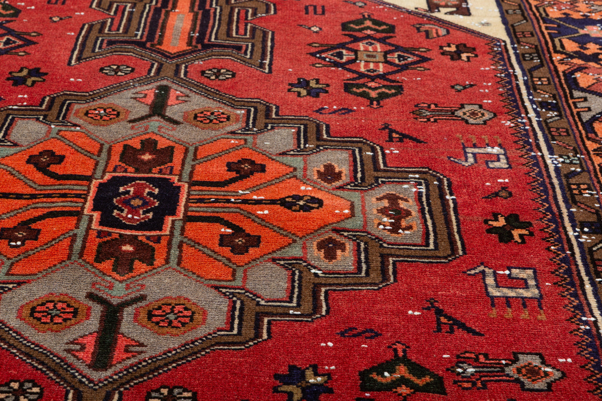 Vintage Red, orange Geometric Hand-Knotted Area Rug – 6' 5" x 4' 4" (195 x 133 cm)