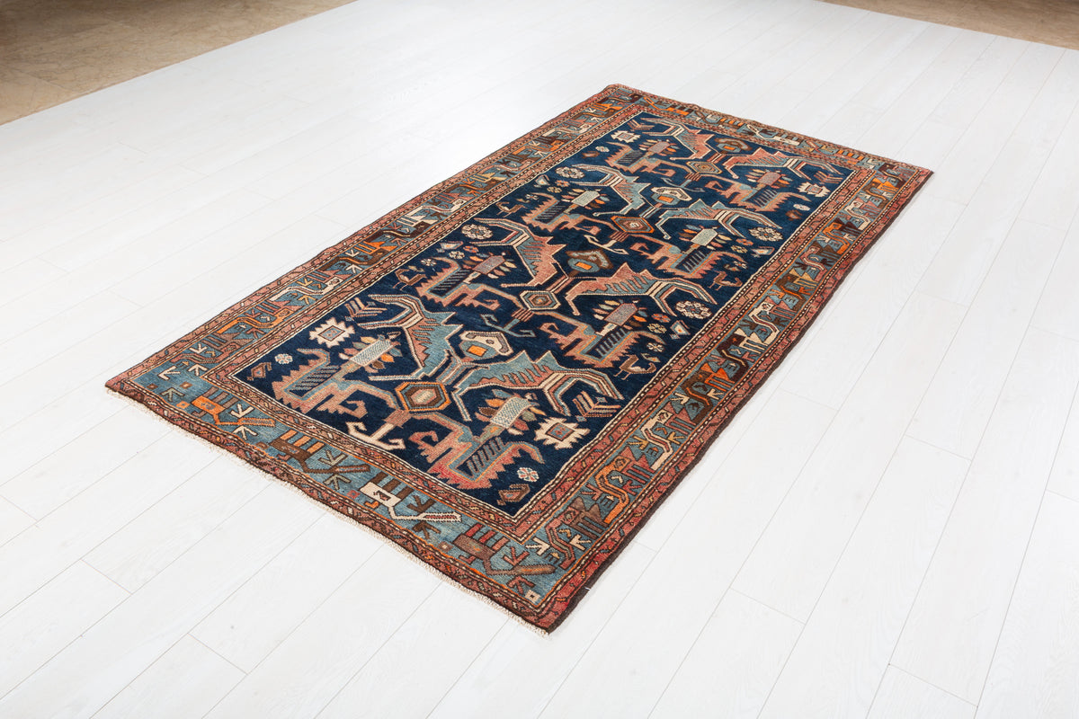 Collectible Vintage Deep navy blue, turquoise blue, rust red Geometric Hand-Knotted Area Rug – 7' 5" x 4' 1" (227 x 124 cm)