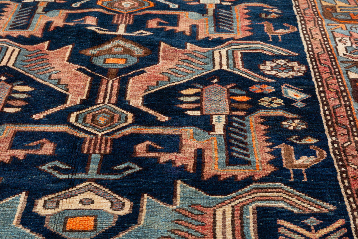 Collectible Vintage Deep navy blue, turquoise blue, rust red Geometric Hand-Knotted Area Rug – 7' 5" x 4' 1" (227 x 124 cm)