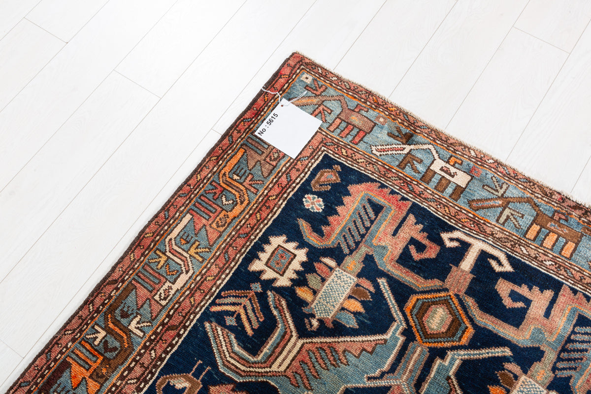 Collectible Vintage Deep navy blue, turquoise blue, rust red Geometric Hand-Knotted Area Rug – 7' 5" x 4' 1" (227 x 124 cm)