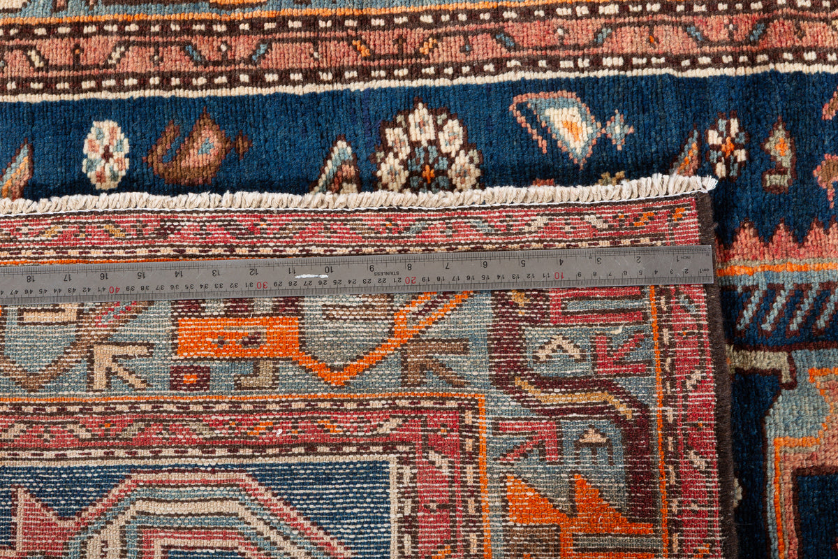 Collectible Vintage Deep navy blue, turquoise blue, rust red Geometric Hand-Knotted Area Rug – 7' 5" x 4' 1" (227 x 124 cm)