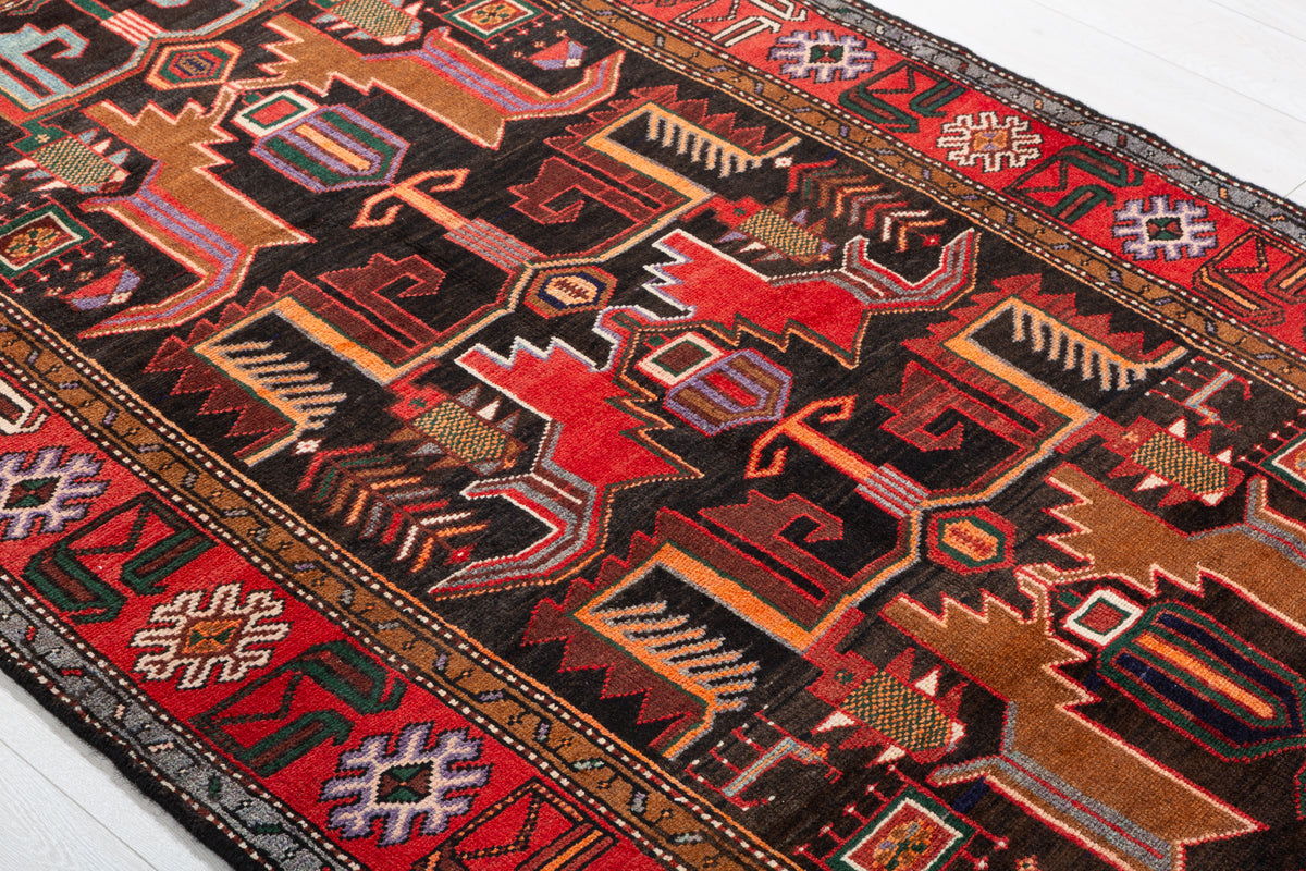 Collectible Vintage Black, red Geometric Hand-Knotted Area Rug – 6' 11" x 4' 2" (212 x 127 cm)