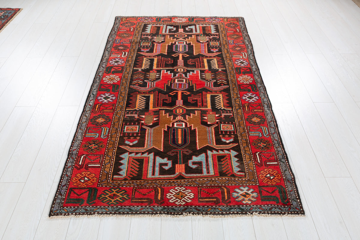 Collectible Vintage Black, red Geometric Hand-Knotted Area Rug – 6' 11" x 4' 2" (212 x 127 cm)