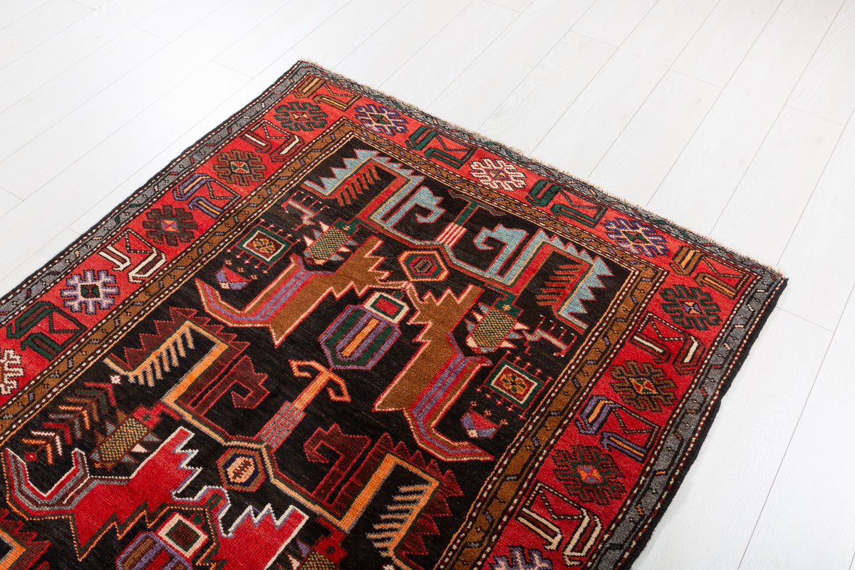 Collectible Vintage Black, red Geometric Hand-Knotted Area Rug – 6' 11" x 4' 2" (212 x 127 cm)