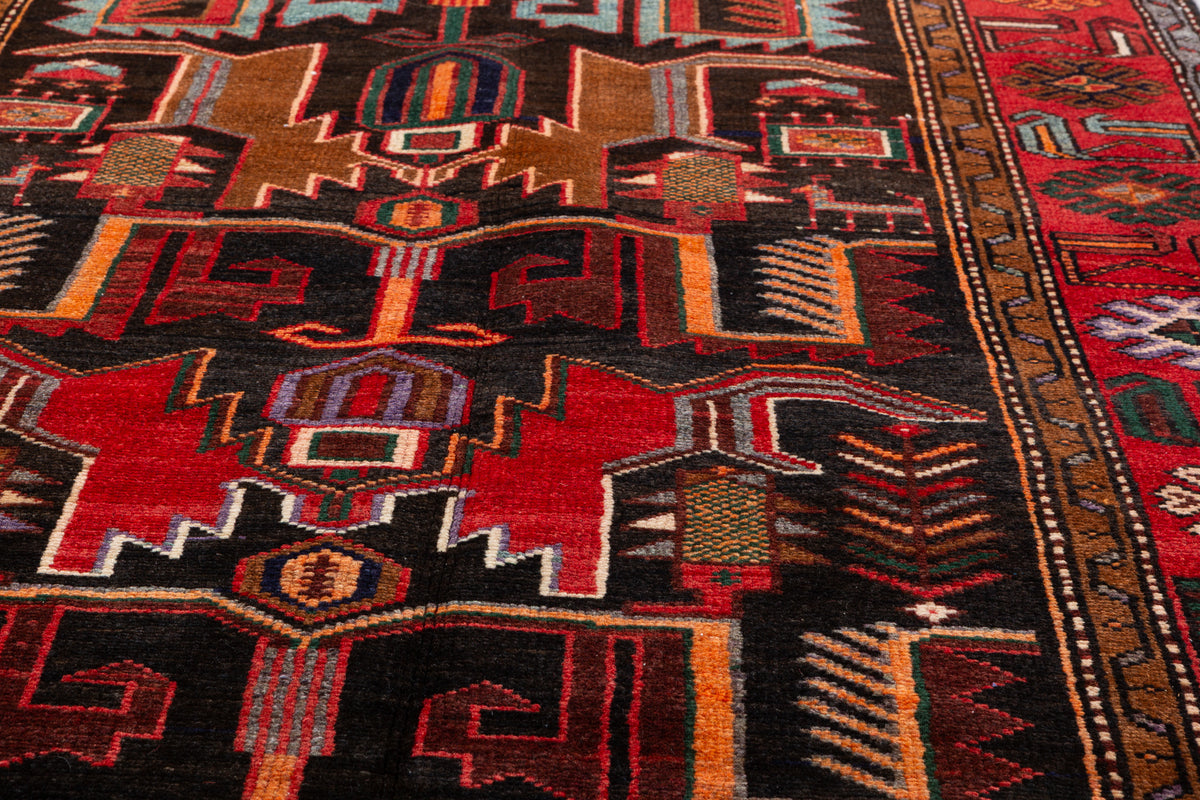 Collectible Vintage Black, red Geometric Hand-Knotted Area Rug – 6' 11" x 4' 2" (212 x 127 cm)