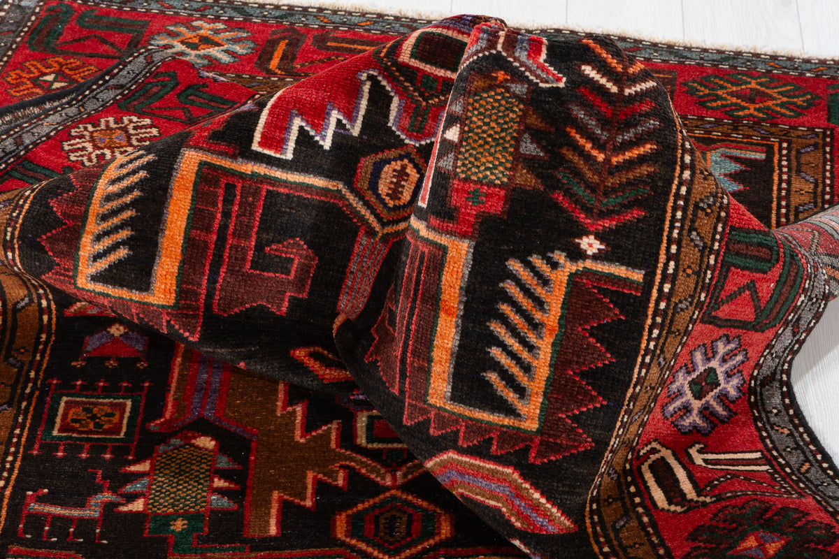 Collectible Vintage Black, red Geometric Hand-Knotted Area Rug – 6' 11" x 4' 2" (212 x 127 cm)