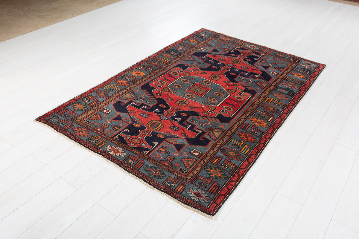 Collectible Vintage Red, navy blue, turquoise blue Geometric Hand-Knotted Area Rug – 6' 7" x 4' 6" (201 x 138 cm)