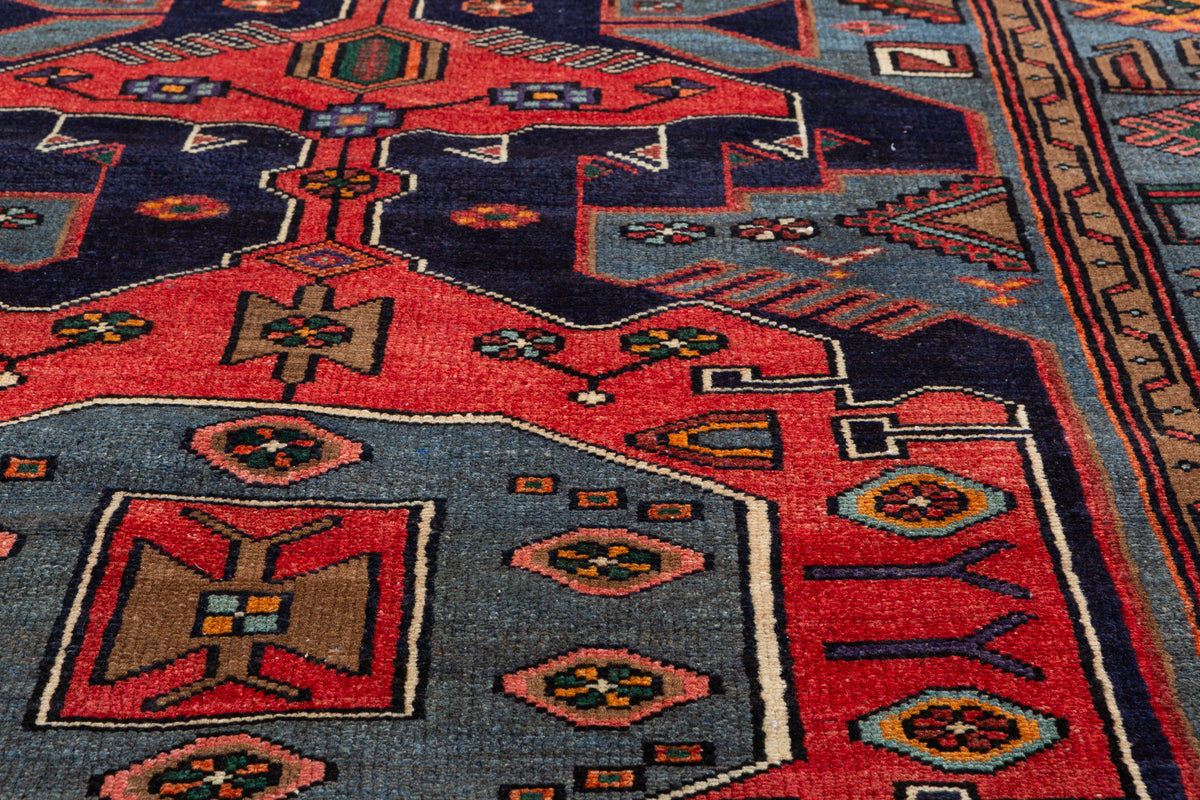 Collectible Vintage Red, navy blue, turquoise blue Geometric Hand-Knotted Area Rug – 6' 7" x 4' 6" (201 x 138 cm)