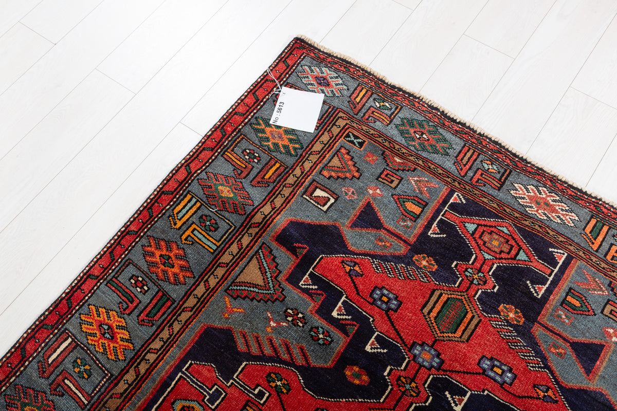 Collectible Vintage Red, navy blue, turquoise blue Geometric Hand-Knotted Area Rug – 6' 7" x 4' 6" (201 x 138 cm)
