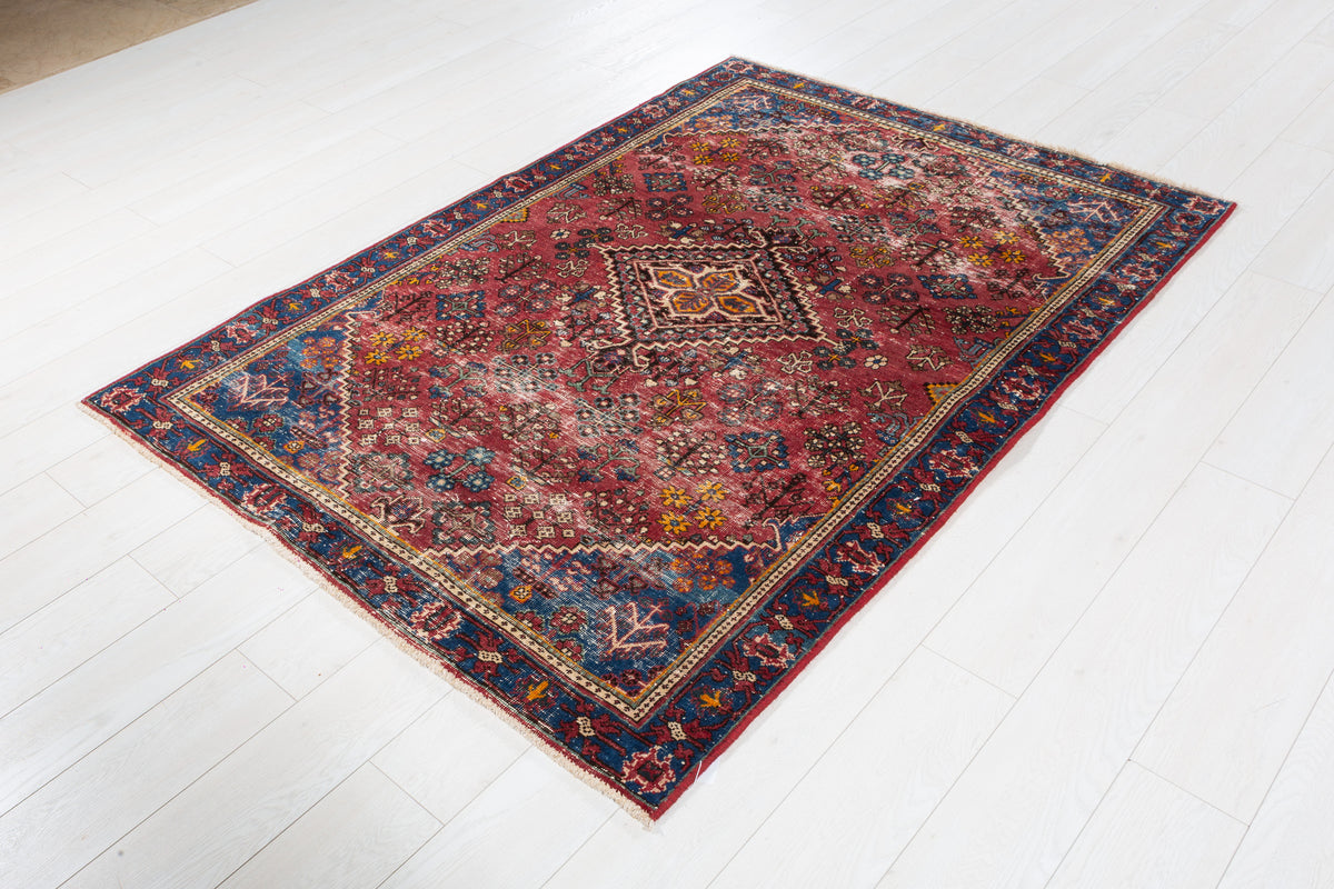 Antique Red, blue Geometric Hand-Knotted Area Rug – 6' 2" x 4' 4" (189 x 133 cm)