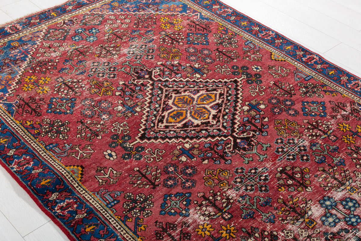 Antique Red, blue Geometric Hand-Knotted Area Rug – 6' 2" x 4' 4" (189 x 133 cm)