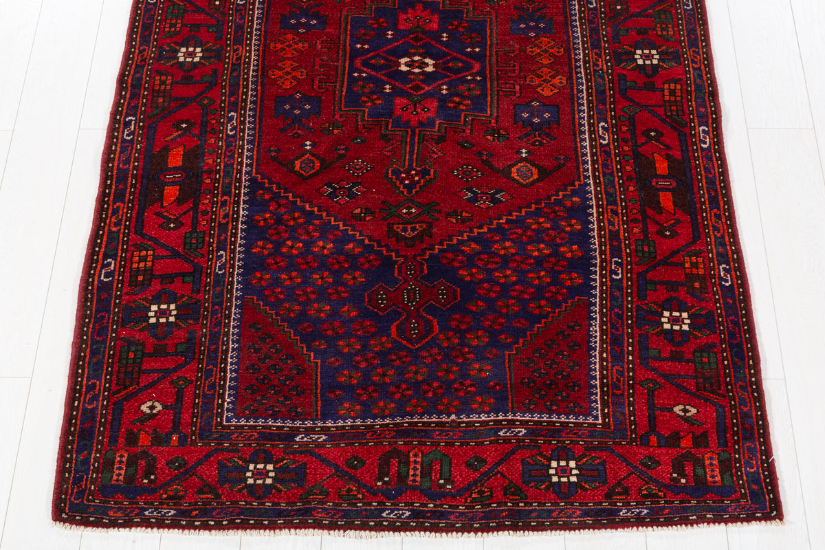 Vintage Red, navy blue Geometric Hand-Knotted Area Rug – 7' 2" x 4' 4" (219 x 133 cm)