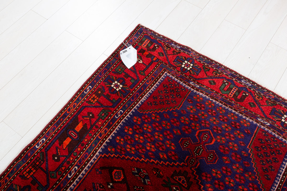 Vintage Red, navy blue Geometric Hand-Knotted Area Rug – 7' 2" x 4' 4" (219 x 133 cm)