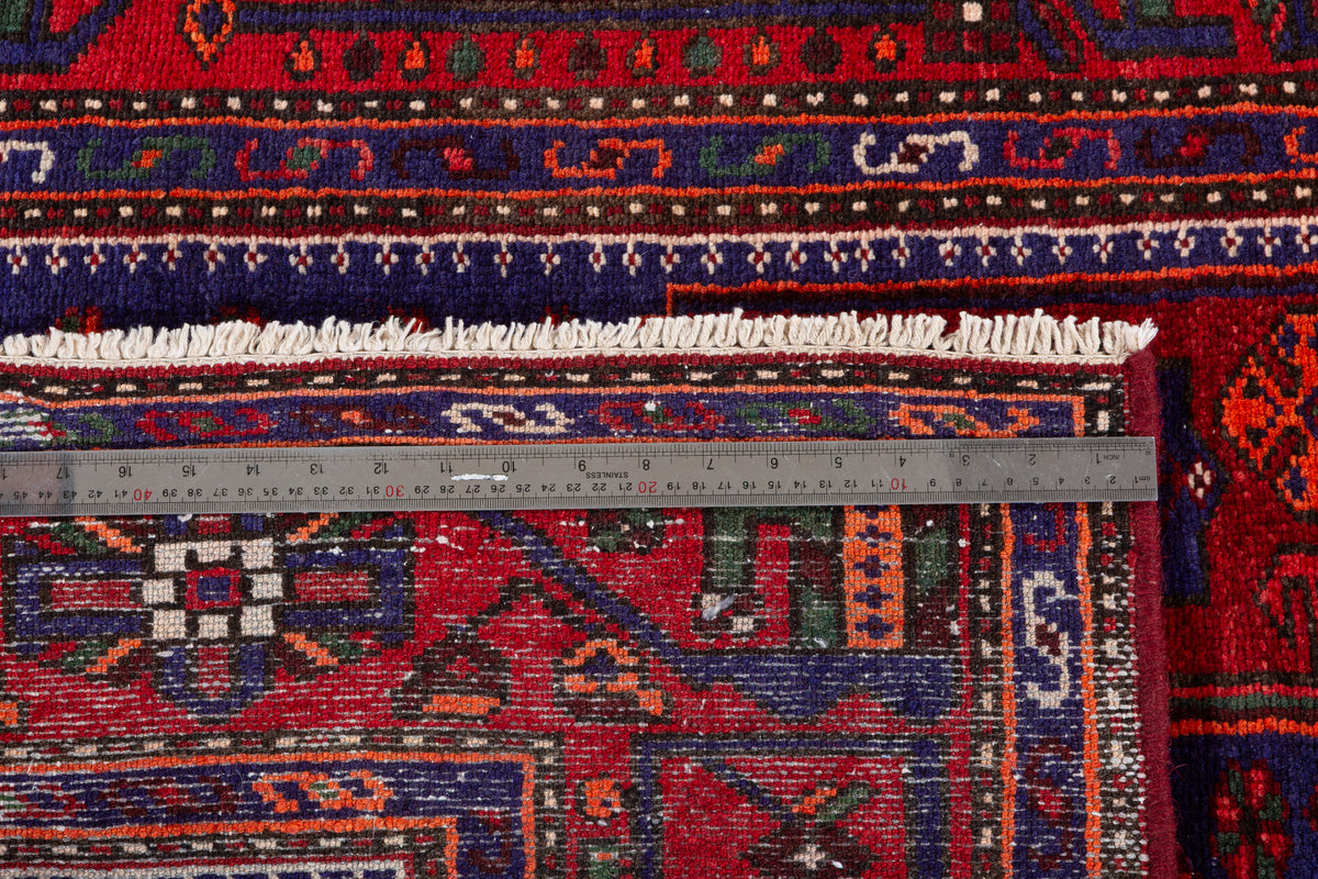 Vintage Red, navy blue Geometric Hand-Knotted Area Rug – 7' 2" x 4' 4" (219 x 133 cm)