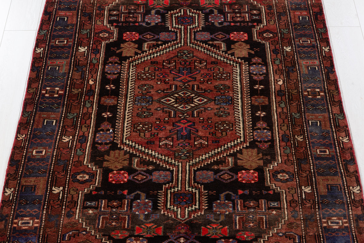 Vintage Rust red, black Geometric Hand-Knotted Area Rug – 7' 3" x 4' 3" (222 x 129 cm)