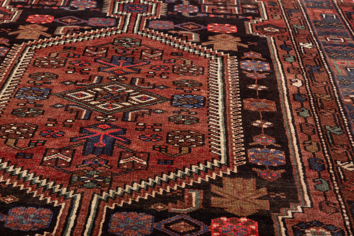 Vintage Rust red, black Geometric Hand-Knotted Area Rug – 7' 3" x 4' 3" (222 x 129 cm)