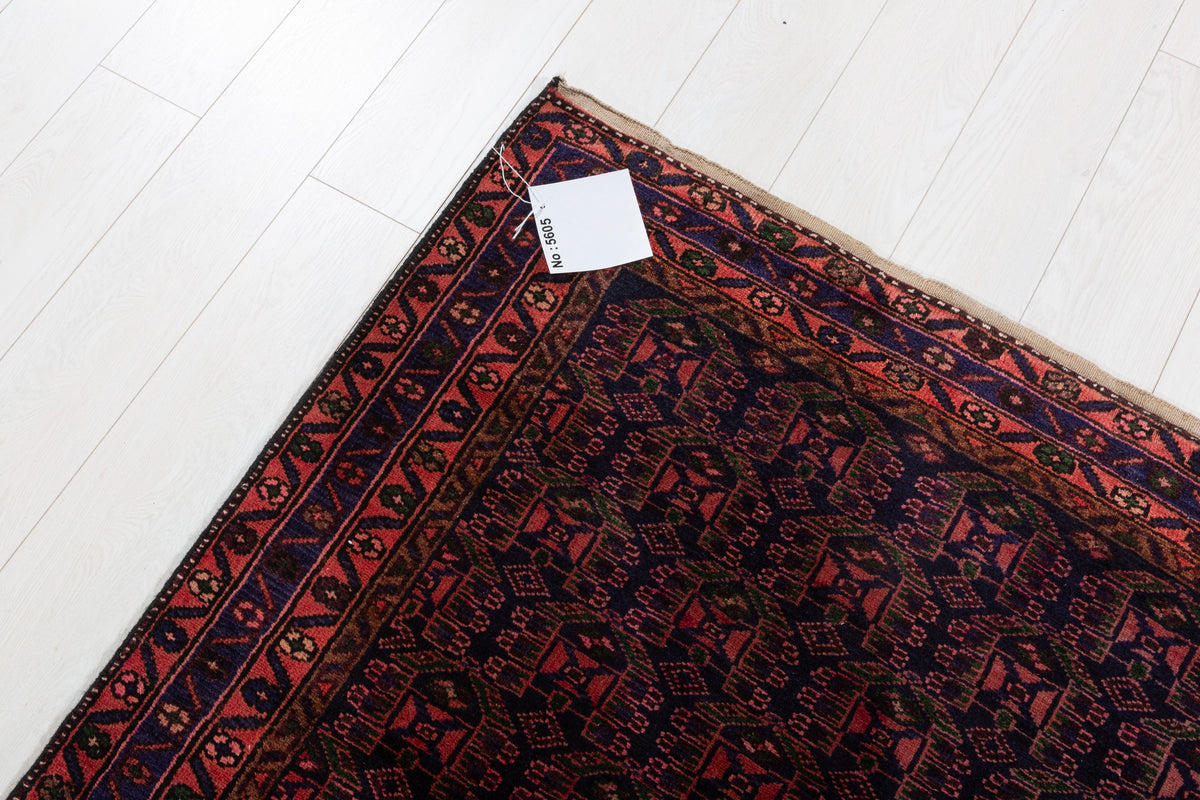 Collectible Vintage Red, deep navy blue Geometric Hand-Knotted Area Rug – 6' 6" x 4' 2" (199 x 127 cm)