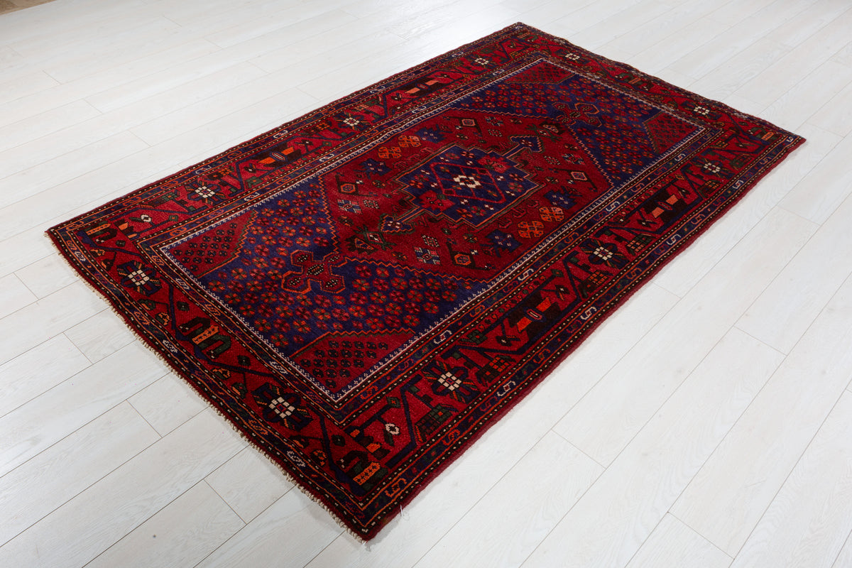 Vintage Red, navy blue Geometric Hand-Knotted Area Rug – 7' 2" x 4' 4" (218 x 132 cm)