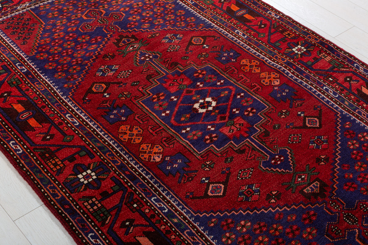 Vintage Red, navy blue Geometric Hand-Knotted Area Rug – 7' 2" x 4' 4" (218 x 132 cm)