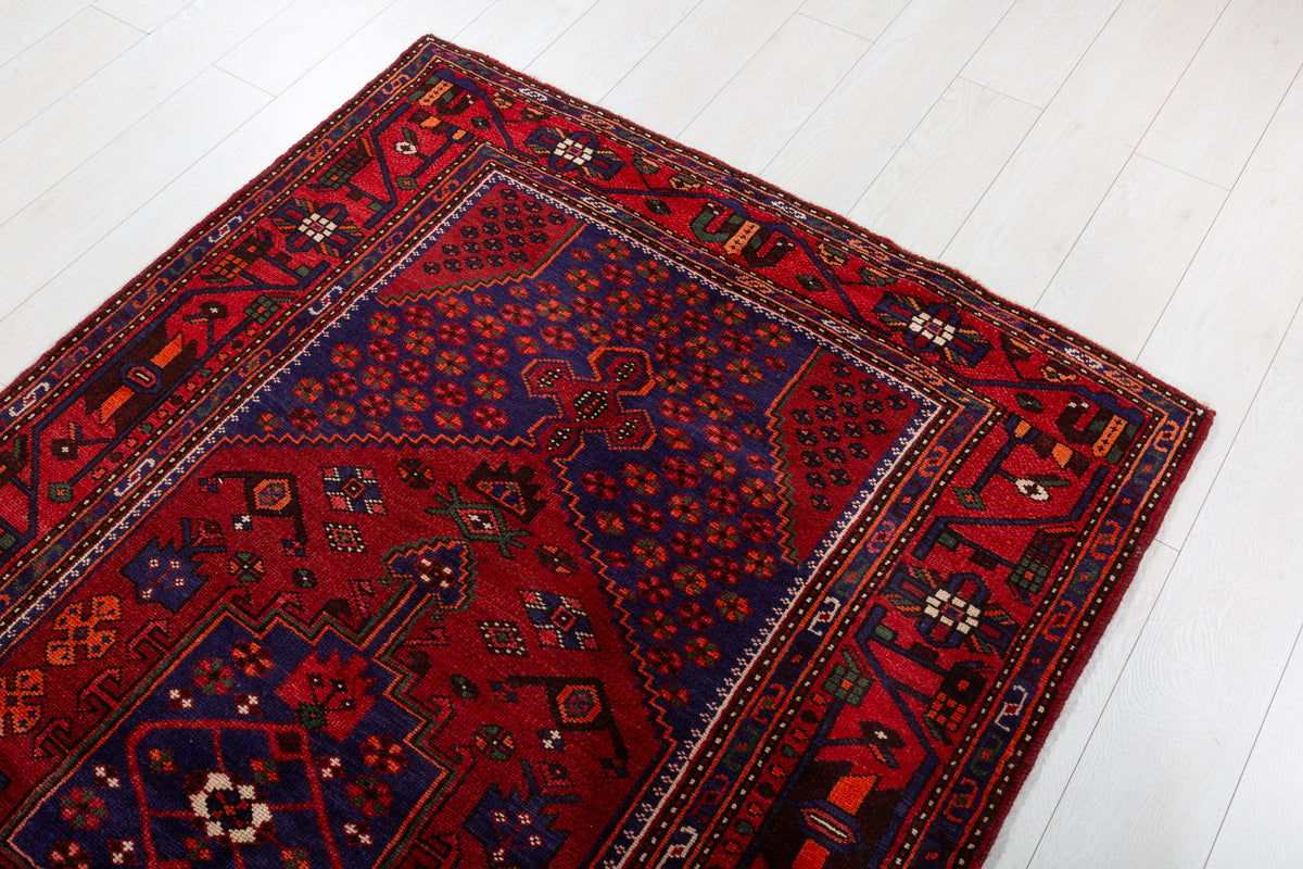 Vintage Red, navy blue Geometric Hand-Knotted Area Rug – 7' 2" x 4' 4" (218 x 132 cm)