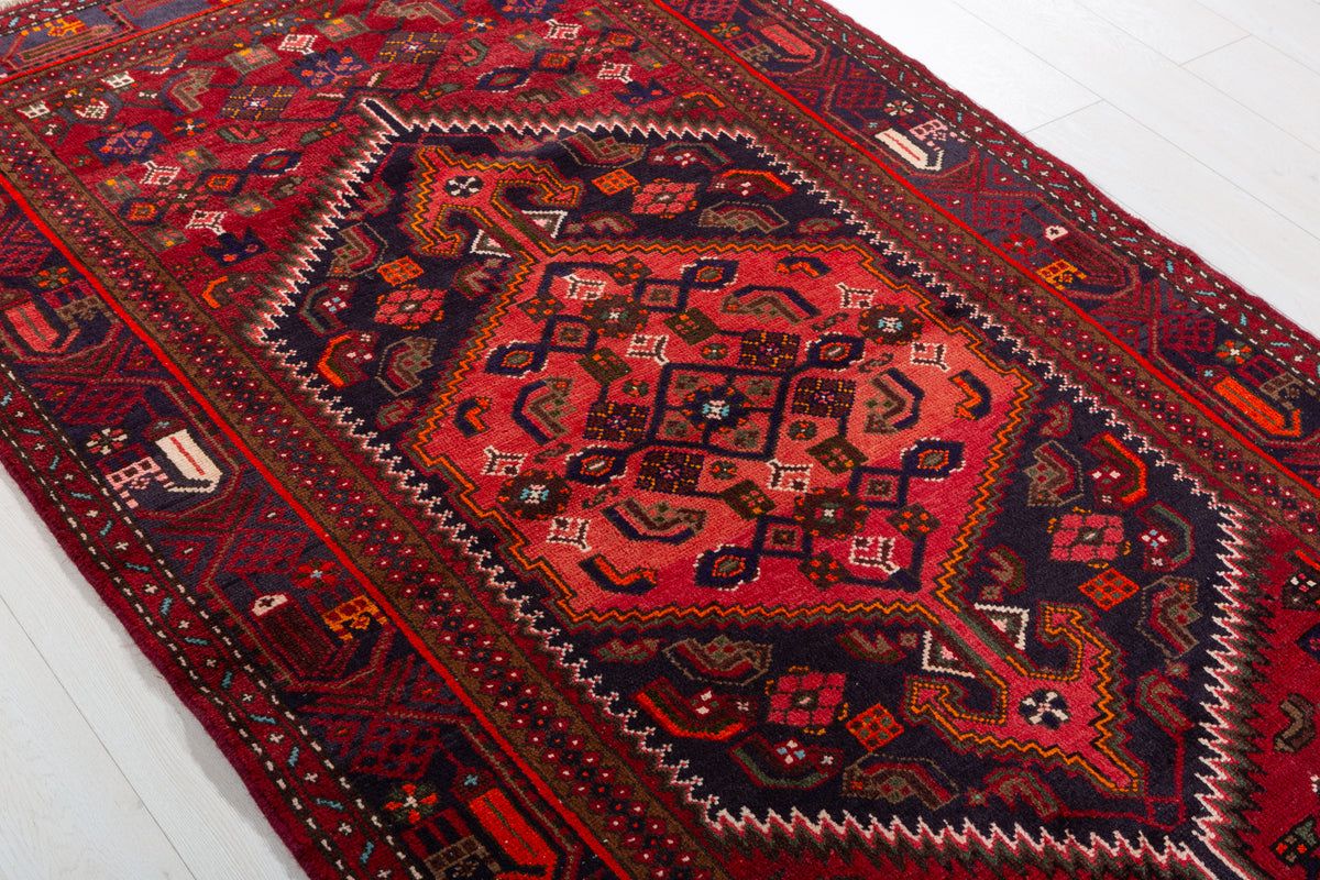 Vintage Red, black Geometric Hand-Knotted Area Rug – 7' 3" x 4' 0" (222 x 123 cm)