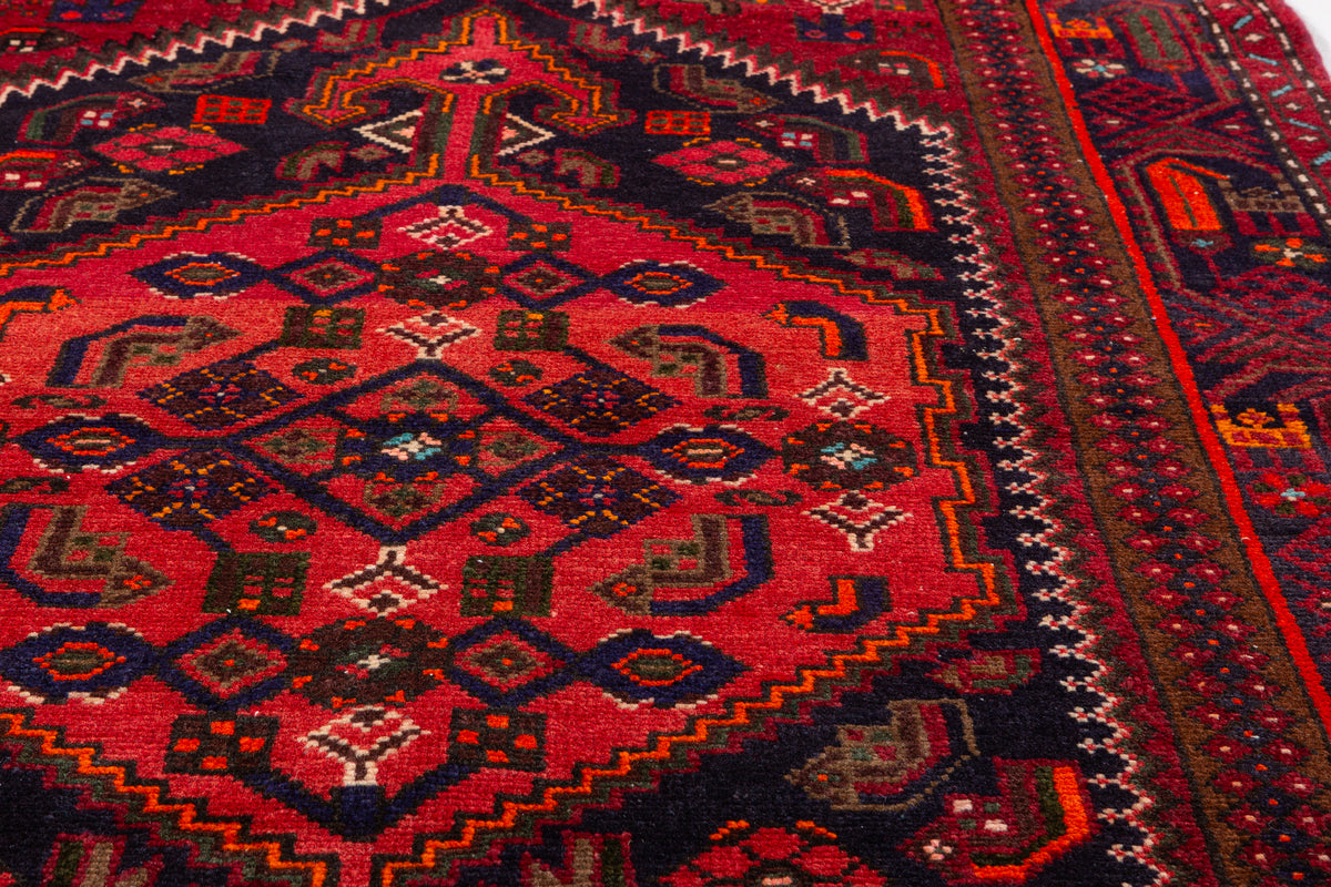 Vintage Red, black Geometric Hand-Knotted Area Rug – 7' 3" x 4' 0" (222 x 123 cm)
