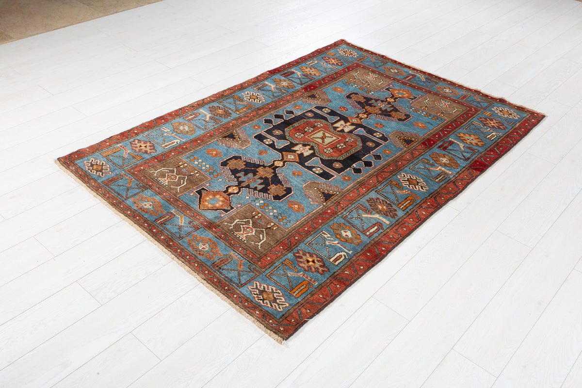 Collectible Vintage Turquoise blue, brown Geometric Hand-Knotted Area Rug – 6' 4" x 4' 3" (192 x 129 cm)