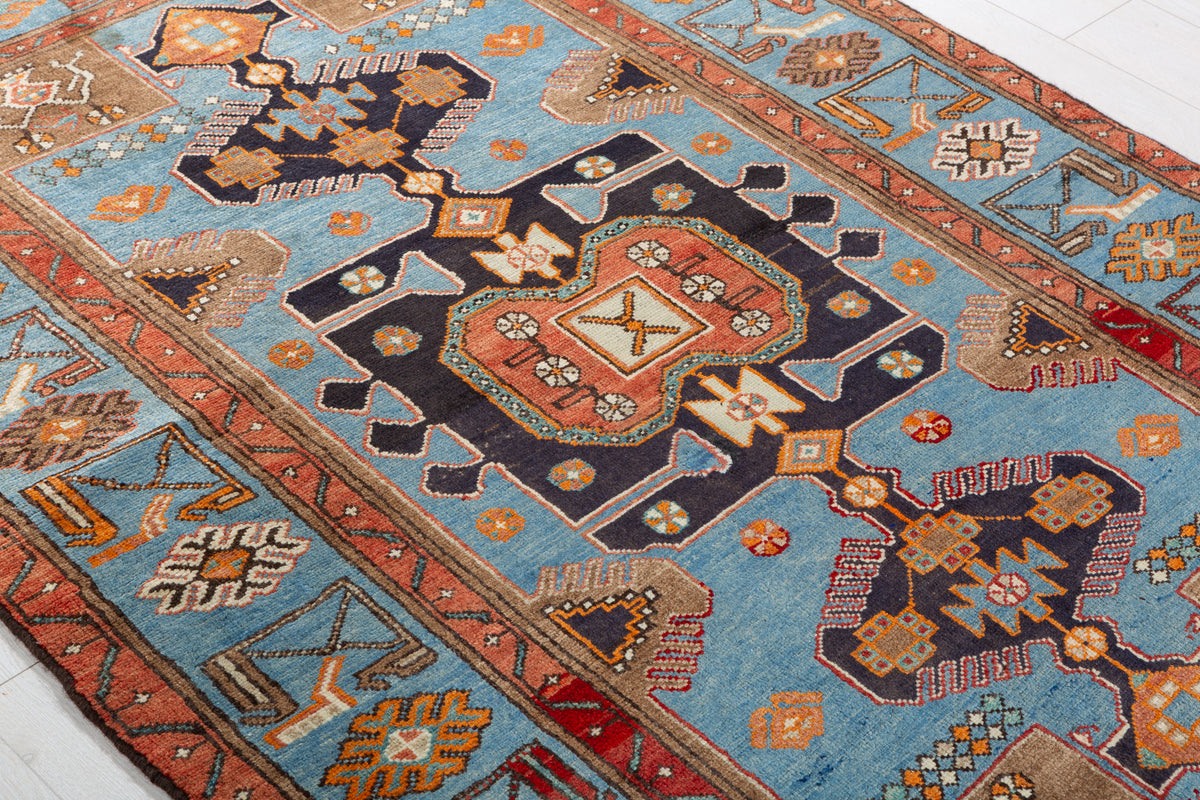 Collectible Vintage Turquoise blue, brown Geometric Hand-Knotted Area Rug – 6' 4" x 4' 3" (192 x 129 cm)