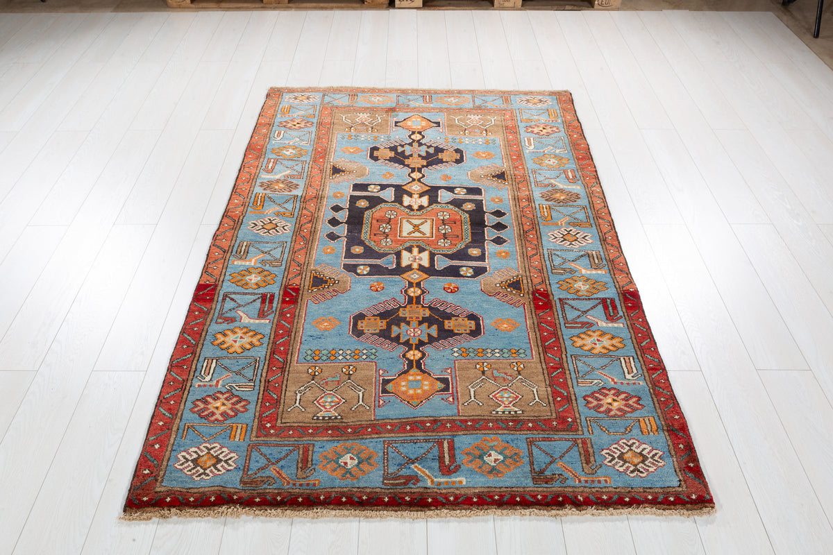Collectible Vintage Turquoise blue, brown Geometric Hand-Knotted Area Rug – 6' 4" x 4' 3" (192 x 129 cm)