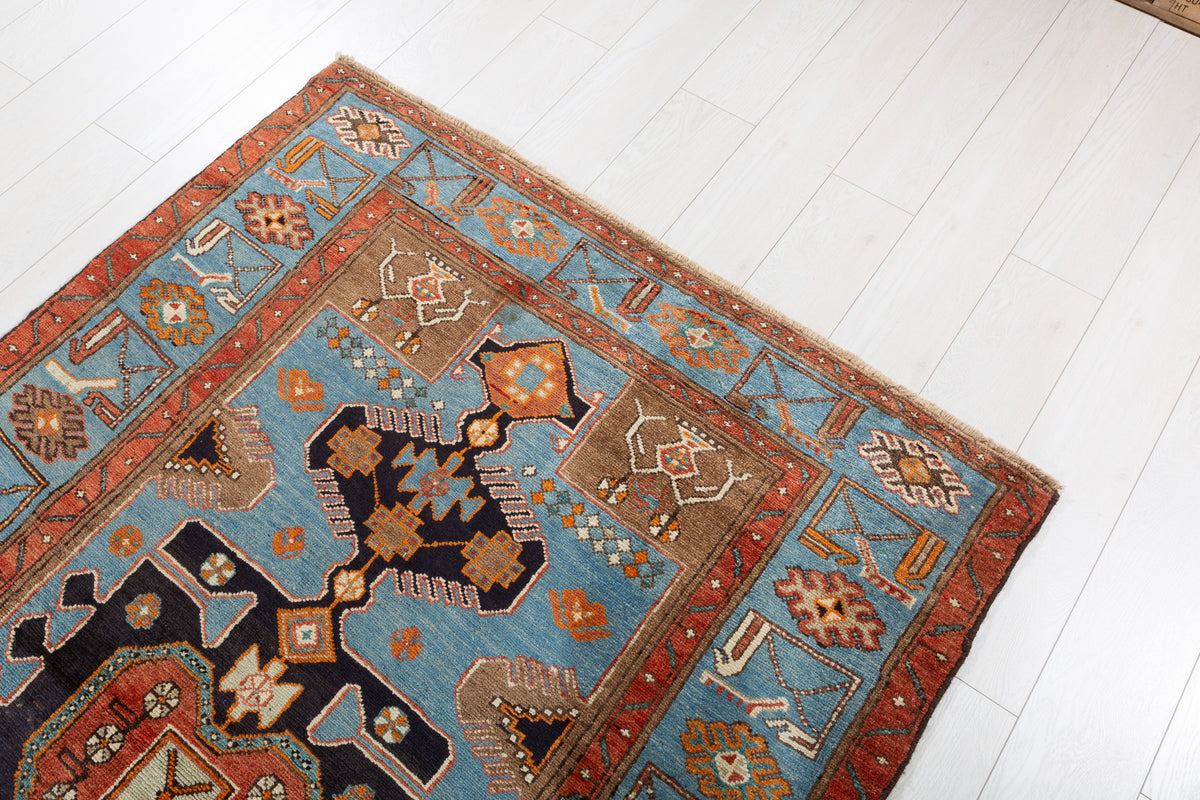 Collectible Vintage Turquoise blue, brown Geometric Hand-Knotted Area Rug – 6' 4" x 4' 3" (192 x 129 cm)