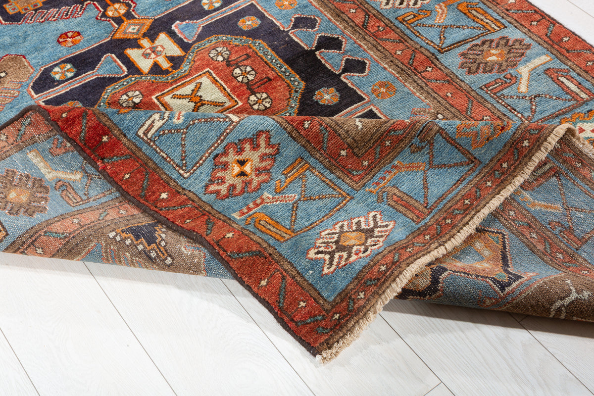 Collectible Vintage Turquoise blue, brown Geometric Hand-Knotted Area Rug – 6' 4" x 4' 3" (192 x 129 cm)