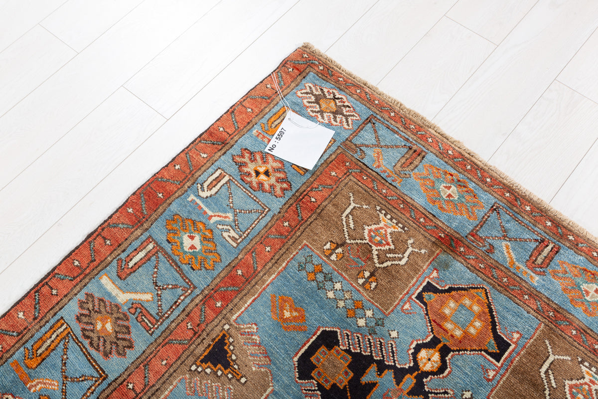Collectible Vintage Turquoise blue, brown Geometric Hand-Knotted Area Rug – 6' 4" x 4' 3" (192 x 129 cm)