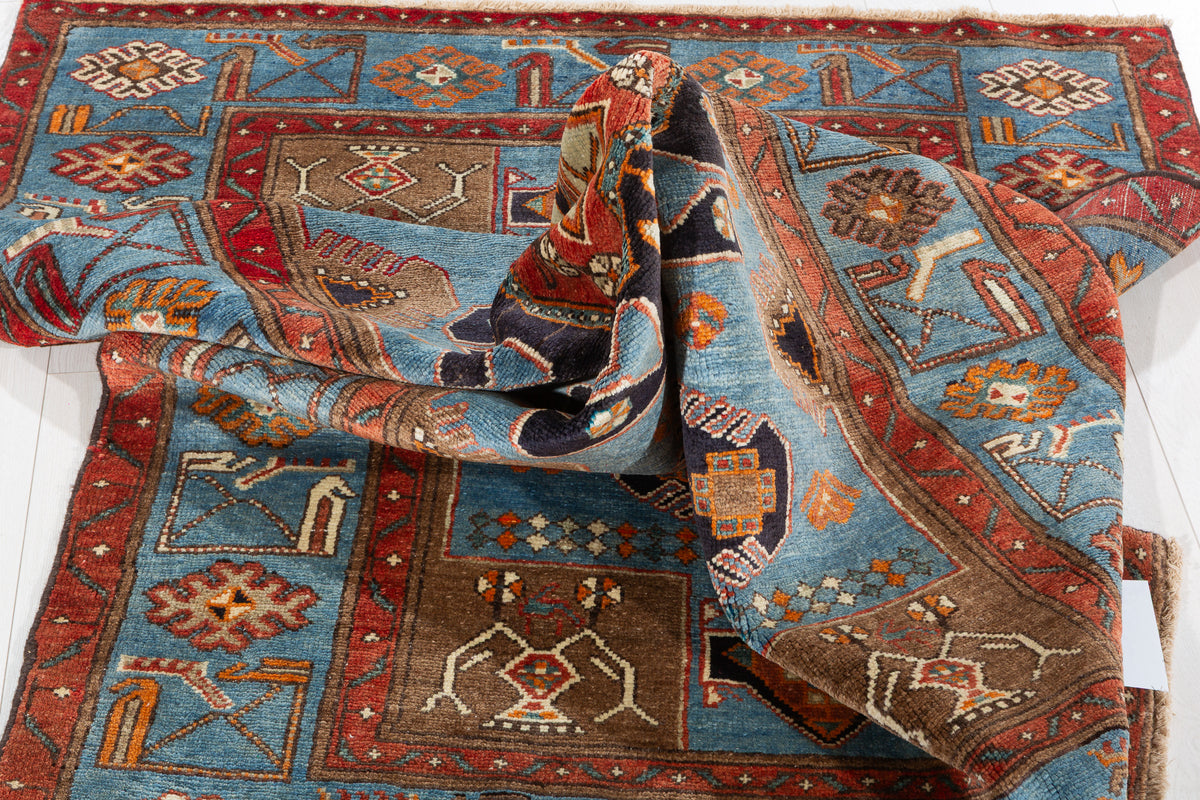 Collectible Vintage Turquoise blue, brown Geometric Hand-Knotted Area Rug – 6' 4" x 4' 3" (192 x 129 cm)