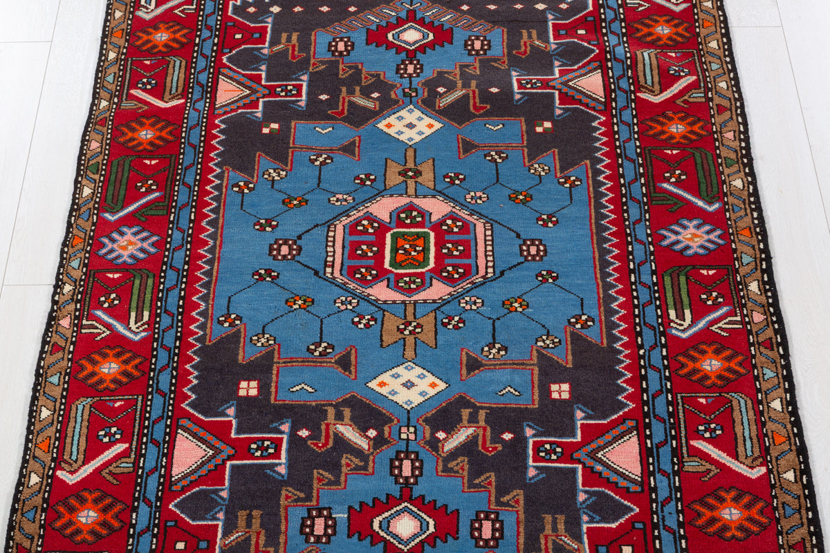 Collectible Vintage Turquoise blue, navy blue, red Geometric Hand-Knotted Area Rug – 6' 7" x 4' 0" (200 x 122 cm)
