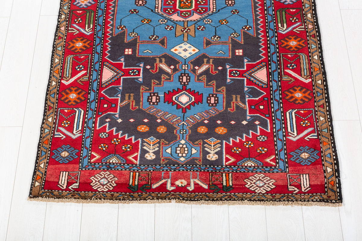 Collectible Vintage Turquoise blue, navy blue, red Geometric Hand-Knotted Area Rug – 6' 7" x 4' 0" (200 x 122 cm)