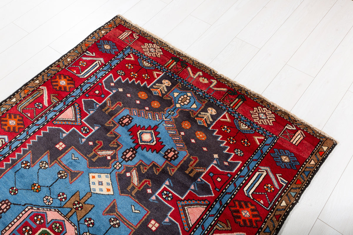 Collectible Vintage Turquoise blue, navy blue, red Geometric Hand-Knotted Area Rug – 6' 7" x 4' 0" (200 x 122 cm)