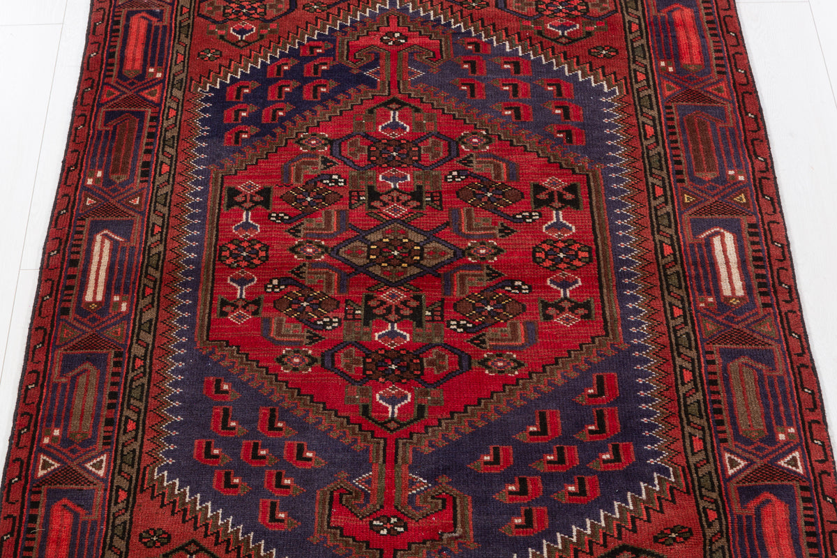 Vintage Rust red, blue Geometric Hand-Knotted Area Rug – 6' 6" x 4' 2" (198 x 127 cm)