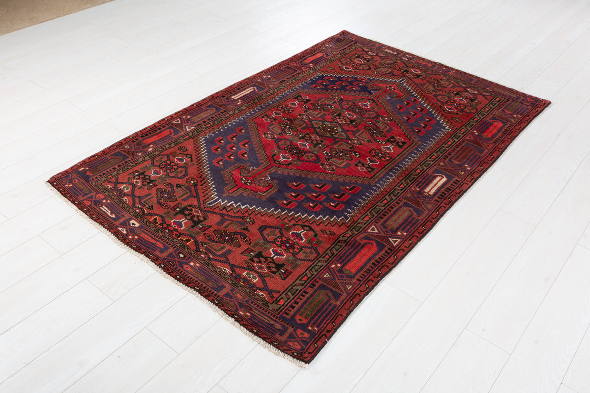 Vintage Rust red, blue Geometric Hand-Knotted Area Rug – 6' 6" x 4' 2" (198 x 127 cm)