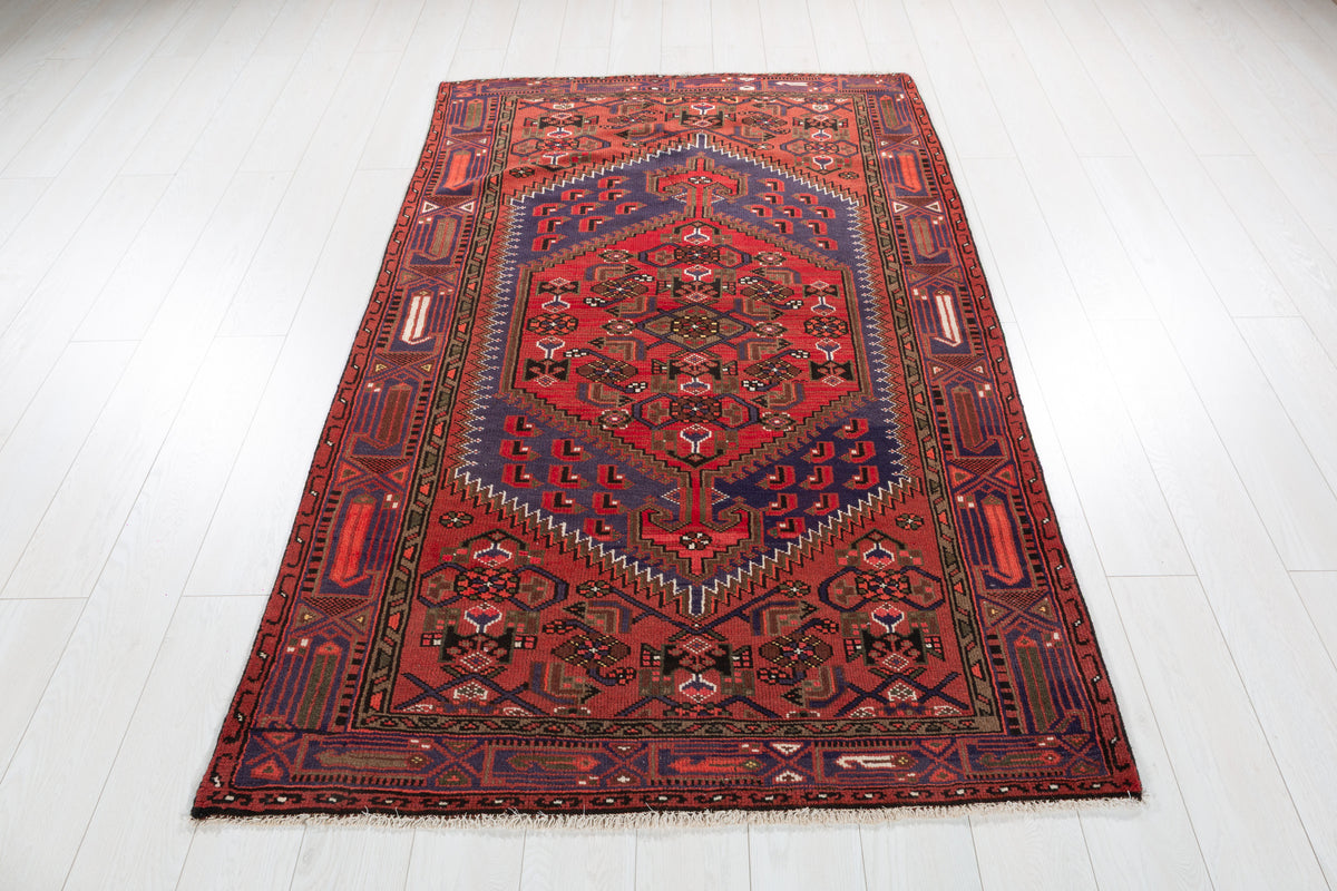 Vintage Rust red, blue Geometric Hand-Knotted Area Rug – 6' 6" x 4' 2" (198 x 127 cm)