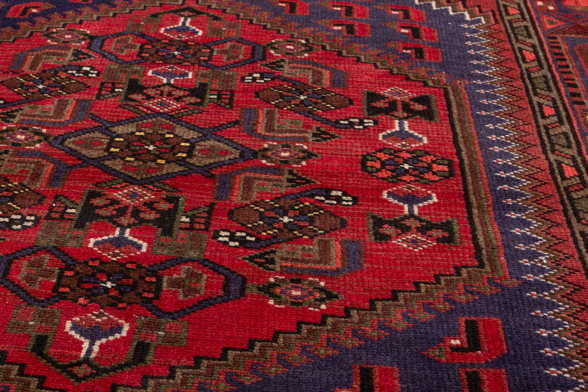 Vintage Rust red, blue Geometric Hand-Knotted Area Rug – 6' 6" x 4' 2" (198 x 127 cm)