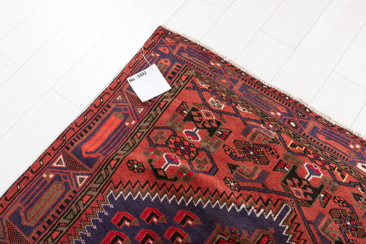 Vintage Rust red, blue Geometric Hand-Knotted Area Rug – 6' 6" x 4' 2" (198 x 127 cm)