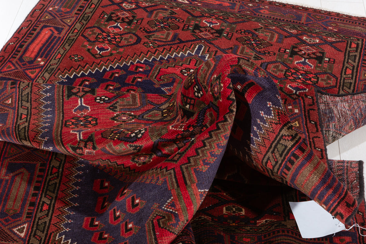 Vintage Rust red, blue Geometric Hand-Knotted Area Rug – 6' 6" x 4' 2" (198 x 127 cm)