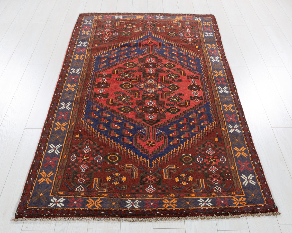 Vintage Rust Red, Navy Blue, Coral Geometric Medallion Hand-Knotted Area Rug – 6' 4" x 3' 11" (193 x 120 cm)