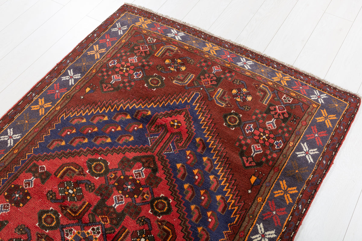 Vintage Rust Red, Navy Blue, Coral Geometric Medallion Hand-Knotted Area Rug – 6' 4" x 3' 11" (193 x 120 cm)