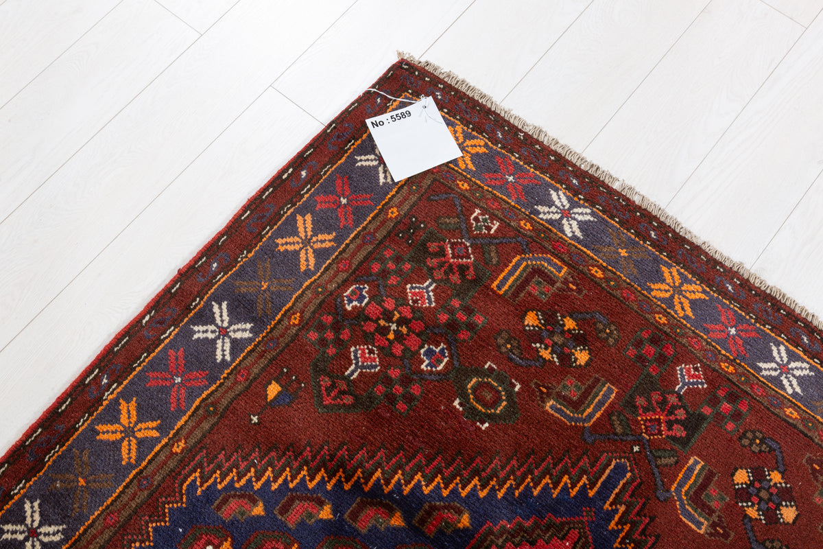 Vintage Rust Red, Navy Blue, Coral Geometric Medallion Hand-Knotted Area Rug – 6' 4" x 3' 11" (193 x 120 cm)
