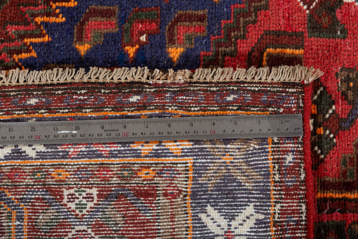 Vintage Rust Red, Navy Blue, Coral Geometric Medallion Hand-Knotted Area Rug – 6' 4" x 3' 11" (193 x 120 cm)